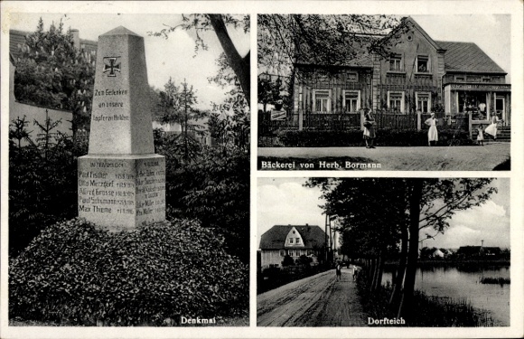 Postcard Goltzscha Diesbar Seußlitz Nünchritz in Saxony, Bakery Herb. Bormann, village pond, monument