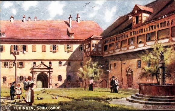 Artist PC Flower, Charles E., Tübingen am Neckar, courtyard, fountain, Tuck
