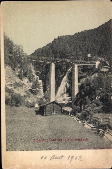 KP Zermatt Kanton Valais Szwajcaria, most nad Findelenbach, wodospad, krajobraz, Zermatt