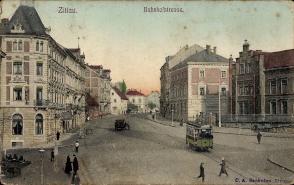 Ak Zittau in Sachsen, Bahnhofstraße, Straßenbahn