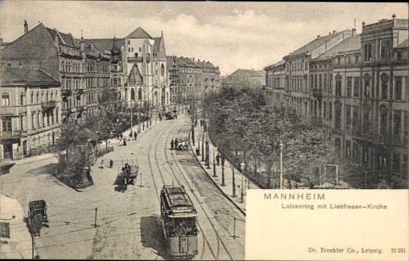 Postcard Mannheim in Baden, Luisenring, Liebfrauen Church, tram