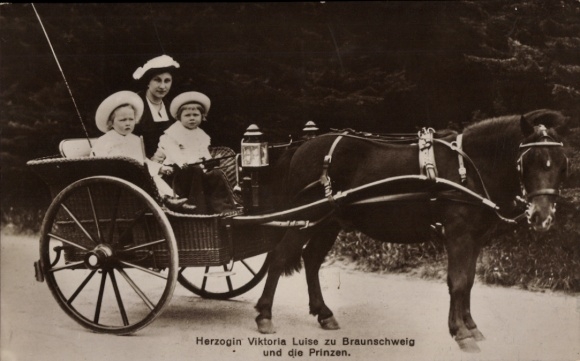 Ak Prinzessin Victoria Luise von Preußen, Herzogin von Braunschweig mit Söhnen, Kutsche