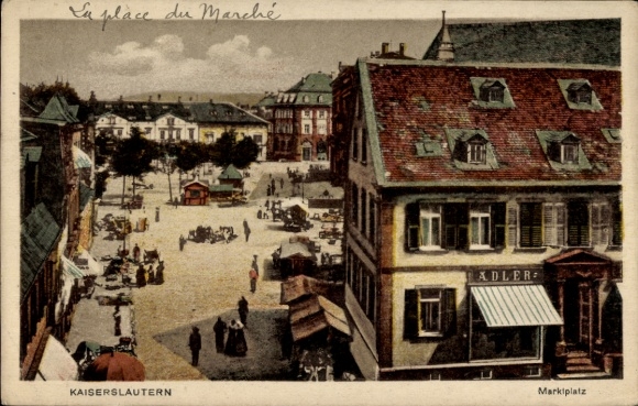 Kaiserslautern in the Palatinate, view of the market square, old town, buildings, people, "ADLER"