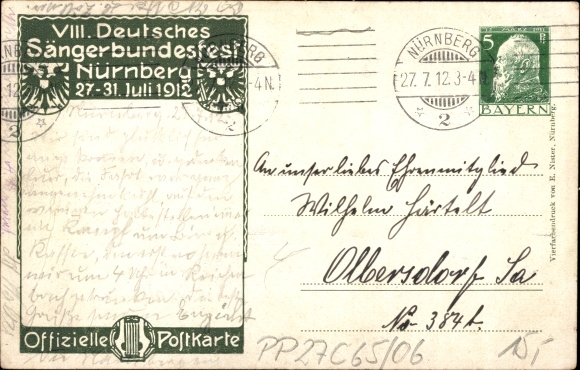 Postal stationery artist PC Bankel, Nuremberg in Middle Franconia, 8th German Singers&#39; Festival 1912