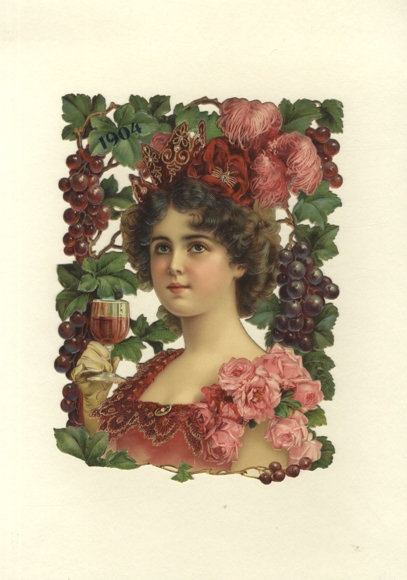Wafer Young Girl "Wine Queen", vine tendrils, grapes and roses, size approx. 27 x 21 cm