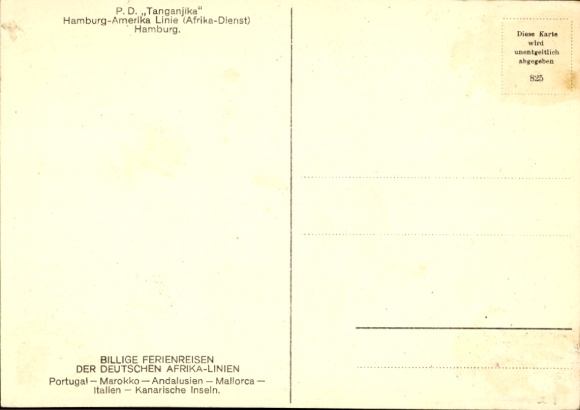 Postcard Steamer Tanganyika, German East Africa Line DOAL