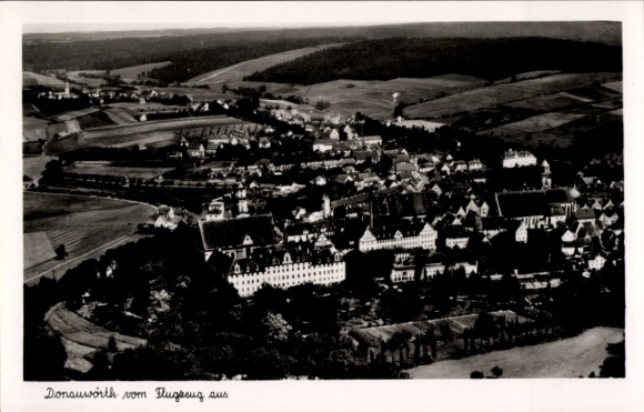 Postcard Donauwörth in Swabia Bavaria, aerial view of numerous buildings, rural surroundings