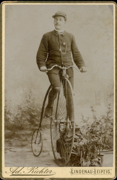 Cabinet Photo Leipzig in Saxony, man on a bicycle, penny farthing, portrait