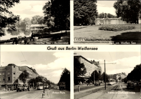 Postcard Berlin Weißensee, Weißer See swimming pool, park, Anton-Platz, Klement-Gottwald-Allee