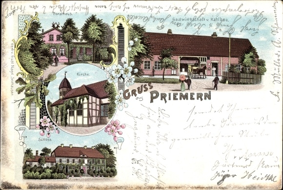 Chromo-Litho Priemern Altmärkische Höhe Saxony Anhalt, forester's lodge, inn v. Bare building, church, castle