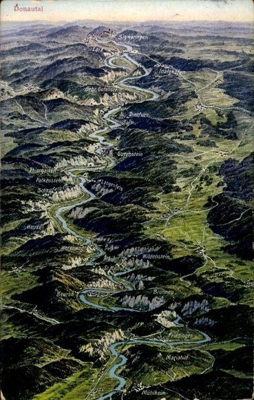 Ak Sigmaringen an der Donau, Landschaftsaufnahme, Bonautal, Flusslauf, Berglandschaft, Ortsnamen