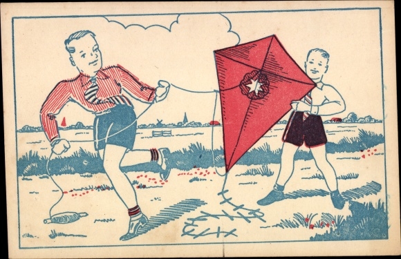Artist Postcard Two boys play with a kite