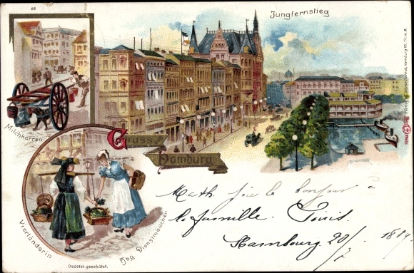lito Hamburg, Jungfernstieg, wózek mleczny, Vierländerin, hamburska pokojówka