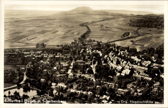 Postcard Schlettau in the Ore Mountains, aerial photograph, Scheibenberg