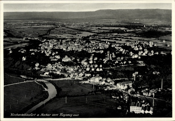 Ak Kirchentellinsfurt in Baden Württemberg, Luftaufnahme von  Neckar, Cafe Liebler, 1930er Jahre