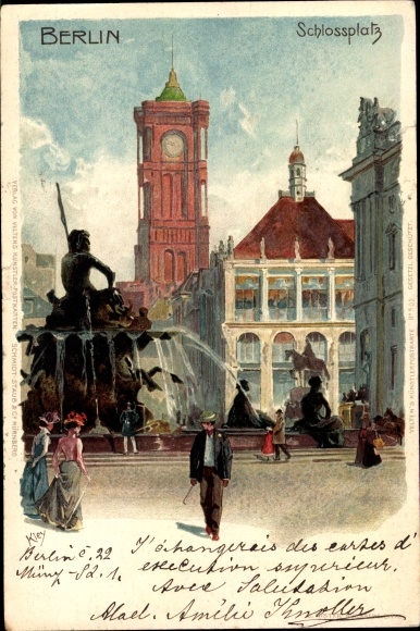 Artist Chromo-Litho Kley, Heinrich, Berlin Mitte, Schlossplatz, Neptune Fountain, City Hall