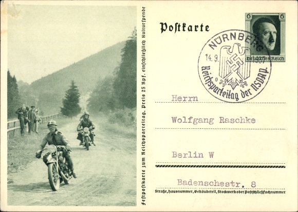 Ganzsachen Ak Krad Fahrer, NSKK, Motorräder, Reichsparteitag