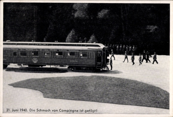Postcard Armistice of Compiègne on June 21, 1940, railway carriage, French delegation