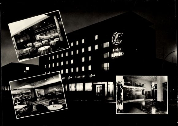 Ak Eisenhüttenstadt in Brandenburg, Hotel Lunik bei Nacht, Innenansichten
