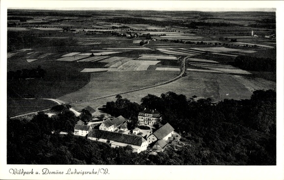 Ak Ludwigsruhe Langenburg in Württemberg, Gutshof, Wildpark, Domäne, Sieben Eichen, Fliegeraufnahme