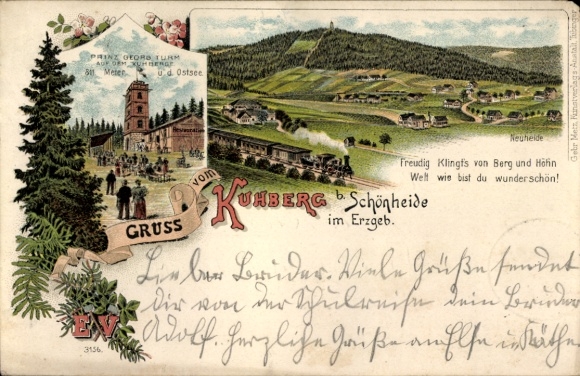 Litho Schönheide im Erzgebirge Sachsen, Gruß vom Kuhberg, Prinz Georg Turm, Neuheide