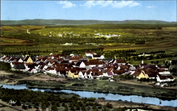 PC Nordheim am Main, Lower Franconia, landscape with houses, river, mountains in the background, PC...
