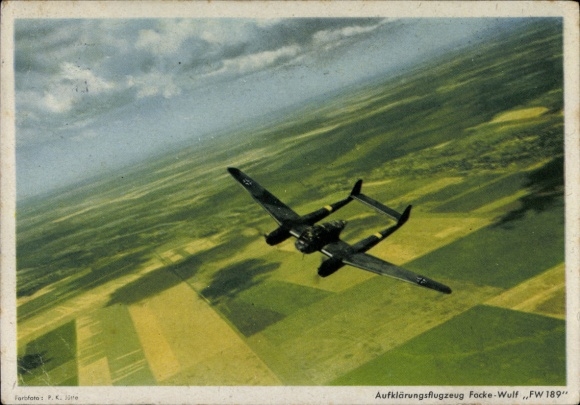 Postcard Luftwaffe, reconnaissance aircraft Focke Wulf Fw 189 A, yellow fuselage band