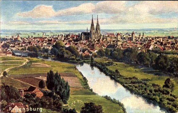 Artist Postcard Regensburg on the Danube Upper Palatinate, total view of the city