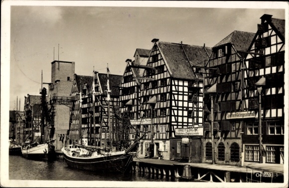 Postcard Gdańsk Danzig, half-timbered warehouses, old buildings, canal, ships, architecture