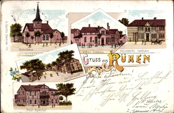 Chromo-Litho Rühen in Lower Saxony, schoolhouse, Vielhabers Inn, post office, village street, Niens Inn