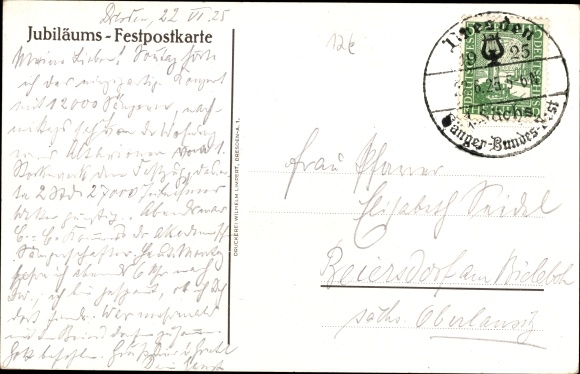 Passepartout PC Dresden, 1st Saxon Singers&#39; Association Festival 1925, Anniversary of the Singers&#39; Association Festival 1865