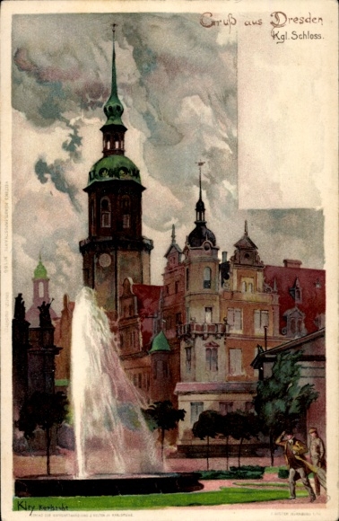 Artist Postcard Kley, Heinrich, Dresden Old Town, Royal Castle, Fontaine