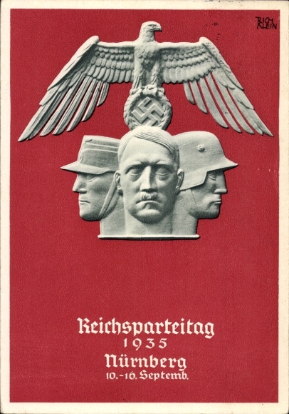 Kunstenaar Ak Klein, R., NSDAP Nazi-partijbijeenkomst 1935, buste van Adolf Hitler, Rijksadelaar, SA, SS