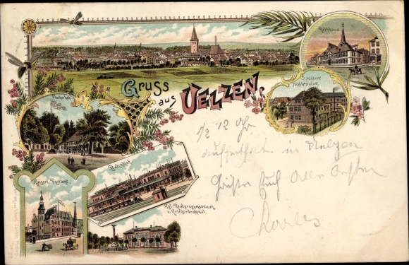 Chromo-Litho Uelzen in Lower Saxony, total view, Fischerhof, train station, post office, town hall, high school
