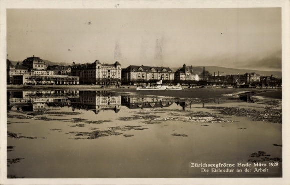 Ansichtkaart Zürich Stad Zwitserland, bevroren Meer van Zürich 1929, ijsbreker aan het werk