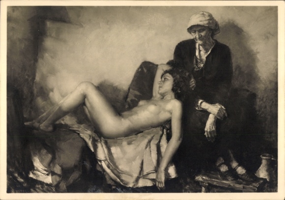 Artist Postcard Troupe, Karl, being and passing, female nude, old woman, HDK 71, Photo Hoffmann
