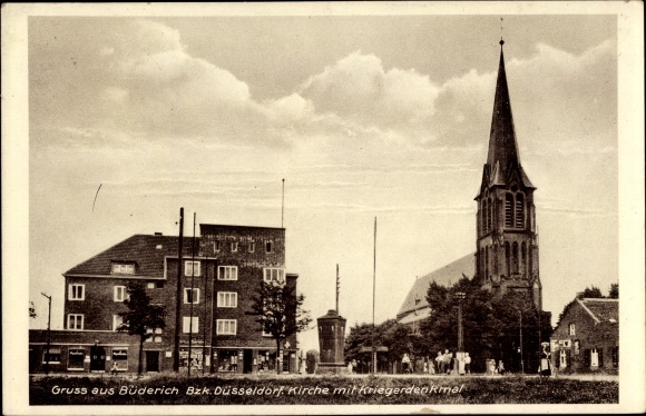 Postcard Büderich Meerbusch on the Lower Rhine, church, war memorial
