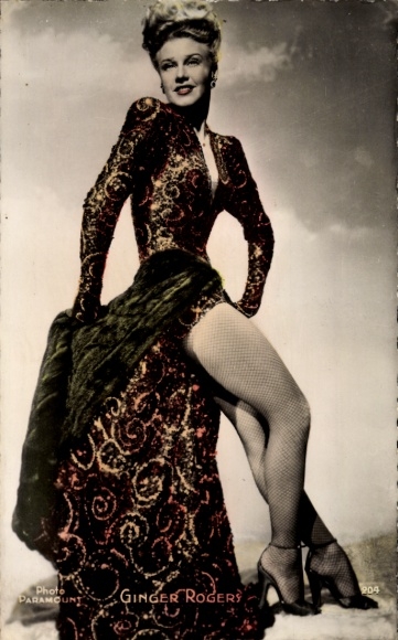 Postcard actress and dancer Ginger Rogers, portrait, dress, fishnet stockings