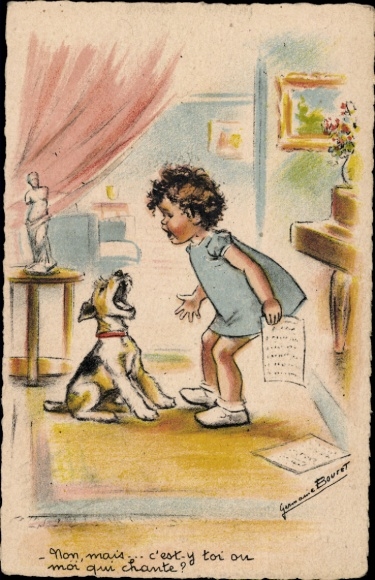 Artist Postcard Girl and Dog Singing