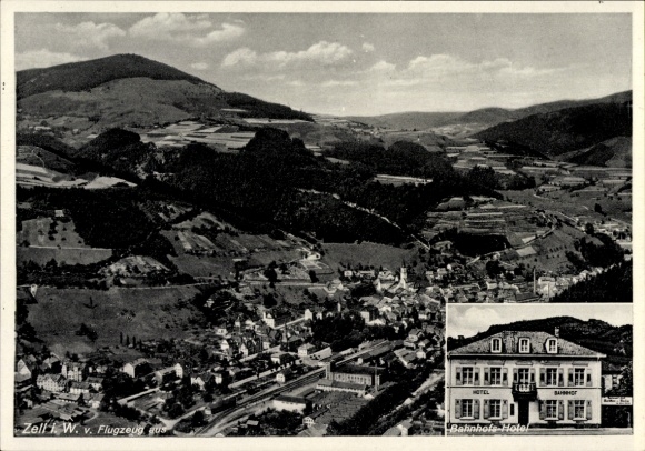 Postcard Zell im Wiesental, aerial photograph, Hotel Bahnhof