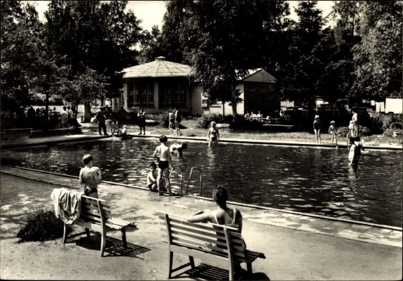 Postcard Schönau Falkenstein in the Vogtland, swimming pool, bathers