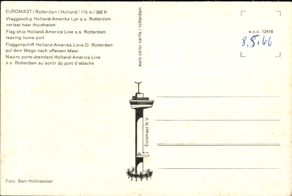 Postcard Rotterdam, Euromast, flag ship Holland-America line