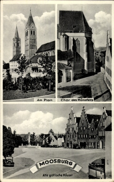 Moosburg an der Isar, town view, old Gothic houses, cathedral choir, two towers