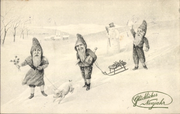 Postcard Happy New Year, dwarves, pig, sleigh, snowman