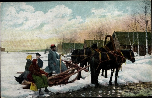 Artist PC Types Russes, Troika, horse-drawn sleigh, folk costumes, view of the village