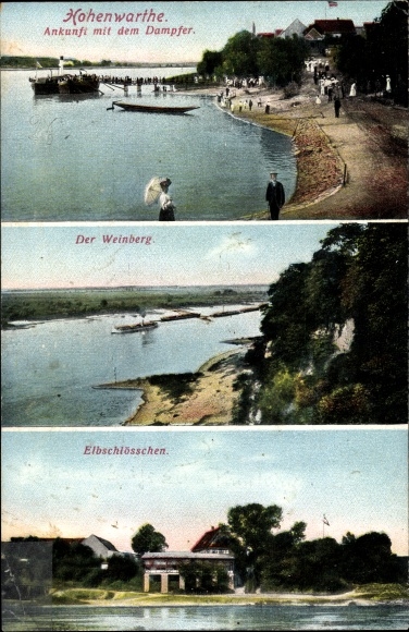 Ak Hohenwarthe an der Elbe Möser Jerichower Land, Ankunft mit dem Dampfer, Weinberg, Elbschlösschen