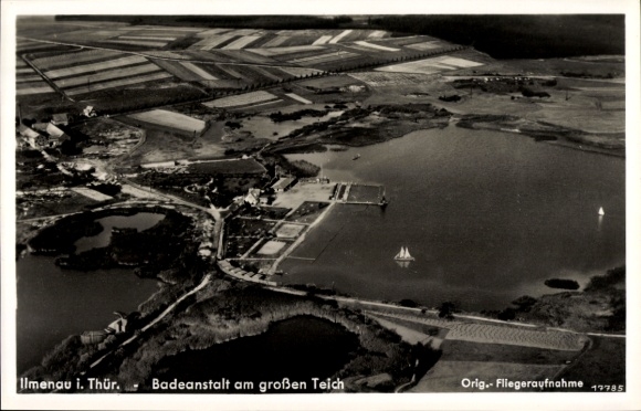 Postcard Ilmenau in Thuringia, aerial photograph, bathing establishment at the large pond