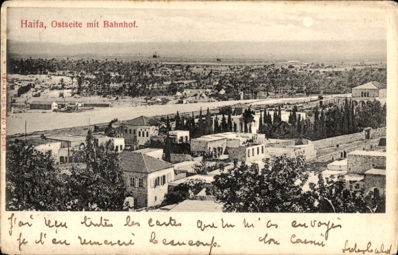 Postcard Haifa Israel, east side with train station, landscape, trees, buildings