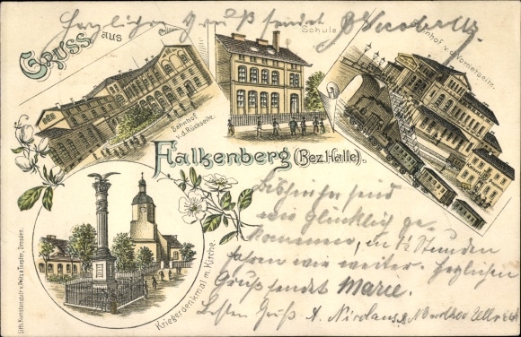 Forerunner Chromo-Litho Falkenberg on the Elster, train station, school, war memorial, church