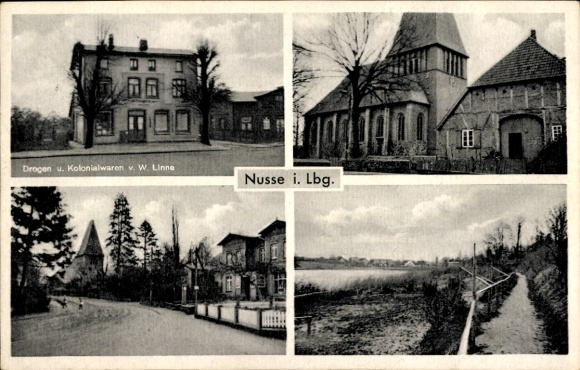 Postcard Nusse in the Duchy of Lauenburg, church, street section, commercial building W. Linne